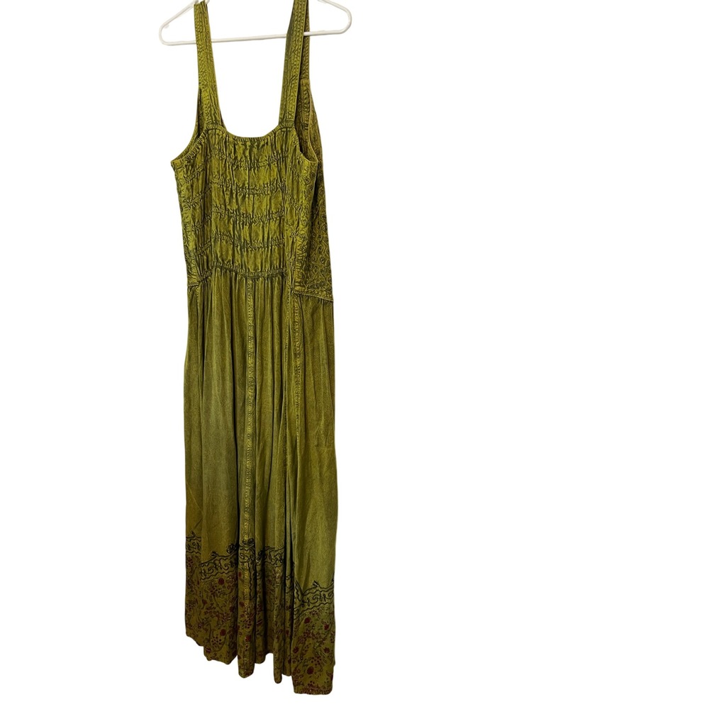 Pyramid Collection Green Floral Embroidered Boho Maxi Dress Large Smocked Back - Picture 2 of 7